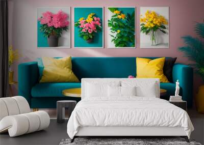 Mockup of two poster frames hanging on a colourful living room wall in a French modern country style living room Wall mural