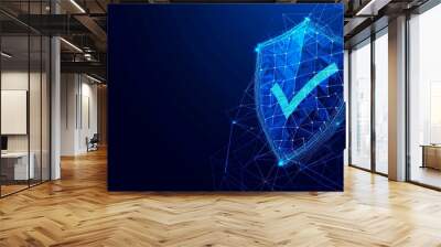 The secure technology is illustrated by a polygonal wire shield decorated with a checkmark symbol on a dark blue background. It represents a secure service that provides data protection. Generative AI Wall mural