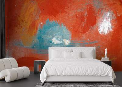 Rusty iron surface unevenly coated with red, white and blue paint with smudges Wall mural