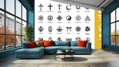 Religious symbol glyph icon set with christian cross, islam crescent and star, judaism star of david, buddhism wheel of dharma, hinduism aum letter religion silhouette sign. Wall mural