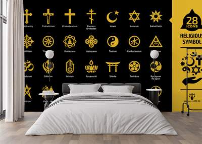 Religious symbol yellow icon set on a black background with christian cross, islam crescent and star, judaism star of david, taoism yin and yang, shinto torii gate religion glyph sign. Wall mural