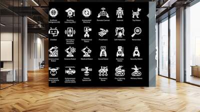 Robotics industry glyph icon set on a black background with autonomous transport, unmanned aerial vehicle UAV, spacecraft, underwater AUV, planetary rover, fire fighting and military robots. Wall mural