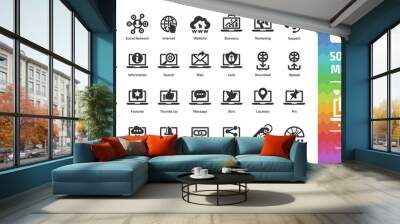 Social media network glyph icon set part 1 with global internet website, digital business and marketing technology, web support, message, share and like silhouette symbols. Wall mural