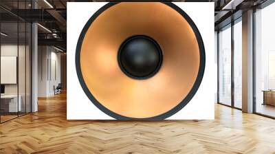 loudspeaker woofer isolated on white background (cut out gold colored subwoofer cone with black circle cap center) speaker detail close up photo Wall mural