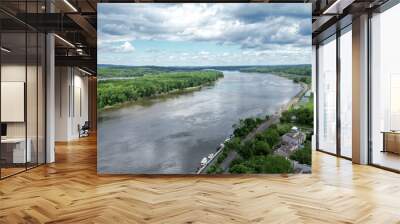 view of the hudson river and catskills mountains from a park in hudson new york valley (lighthouse, water clouds harbor coastline scene) aerial beautiful travel destination ny state public land Wall mural