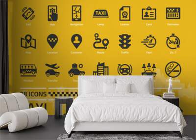 Taxi cab car service glyph icon set on a yellow background with black station wagon mockup, motor transport, driver, passenger, navigation, mobile app and city traffic silhouette pictogram. Wall mural