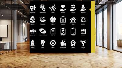 Vector business isolated silhouette icon set on a black background with customer, support, teamwork, people, company, home, contact, handshake, fist bump and more pictogram. Wall mural