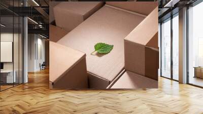 Fresh green leaf laying between cardboard boxes Wall mural