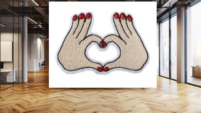 Hands making heart shape, embroidered batch isolated on white background Wall mural