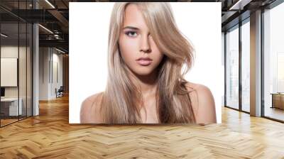 Beautiful Blond Girl. Healthy Long Hair. White Background Wall mural