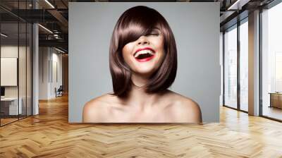 Smiling Beautiful Woman With Brown Short Hair. Haircut. Hairstyl Wall mural