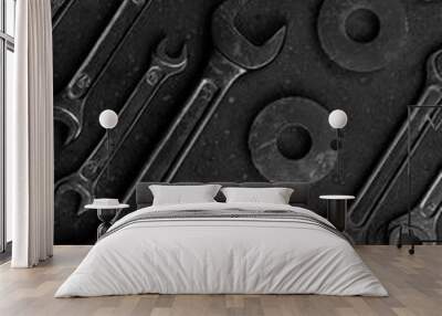 Set of black & white repair tools on black background Wall mural