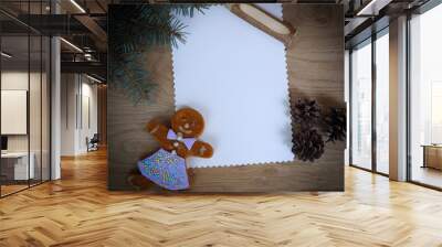 blank Christmas card ,gingerbread and pencil on wooden backgrou Wall mural