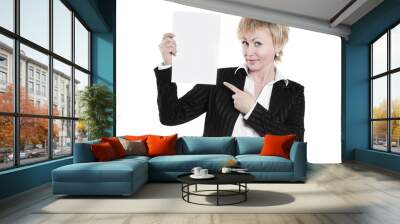 closeup. smiling business woman showing blank sheet. Wall mural