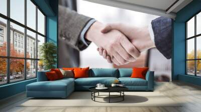 concept of a reliable partnership: a handshake of business partners on blurred light background Wall mural