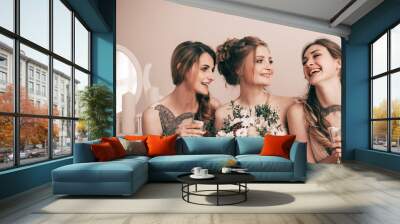 portrait of happy cute girl bride with her friends Wall mural