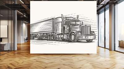 American Truck on road hand drawn illustration. Vector. Wall mural