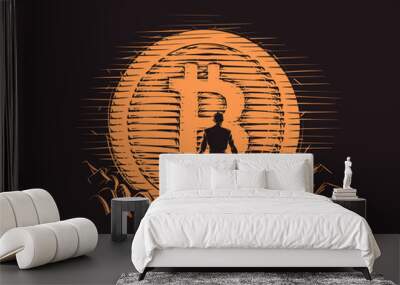 Bitcoin miner standing near big bitcoin coin. Vector.  Wall mural