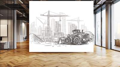 Dozer on construction site sketch. Vector. Layered.  Wall mural