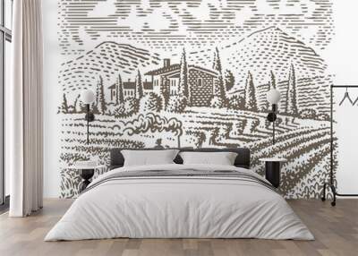 Engraving style illustration of an european vineyard (farm). Vector.  Wall mural