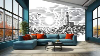 Engraving style illustration of beacon. Vector.  Wall mural