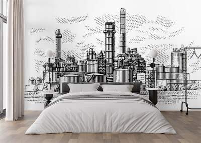 Gas plant industrial view. Refinery plant illustration. Vector, 2 layers.  Wall mural