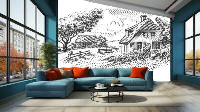 House in countryside engraving style illustration. Vintage style. Vector. Sky in separate layer.  Wall mural