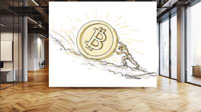 Miner pushing big bitcoin coin trying to hold it from falling down conceptual sketch. Vector.  Wall mural