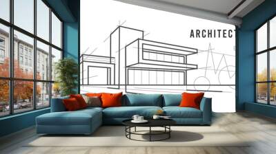 Modern architecture sketch. Line drawing.  Vector, text outlined.  Wall mural