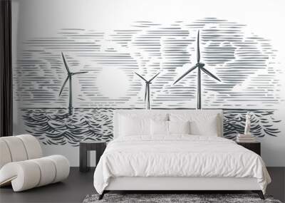 Offshore wind turbines illustration. Vector, isolated.  Wall mural