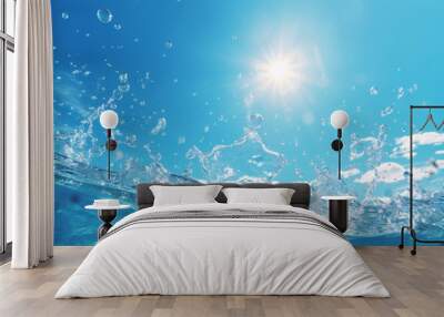 Splash of water against summer blue sky and sun background, Generative AI  Wall mural