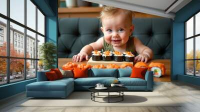 Cheerful baby smiling with sushi rolls against tufted couch background Wall mural