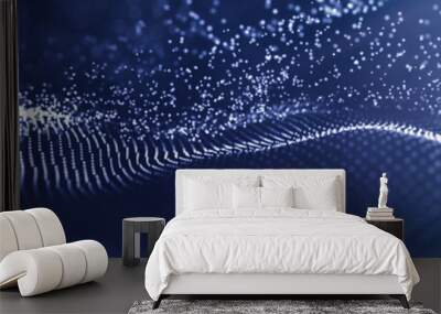 Data technology abstract futuristic illustration. Low poly shape with connecting dots on dark background. 3D rendering. Big data visualization. Wave of particles. Futuristic blue wide banner Wall mural