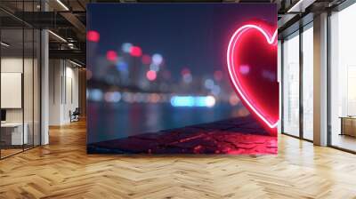 Glowing neon heart romantically illuminates city skyline at night Wall mural