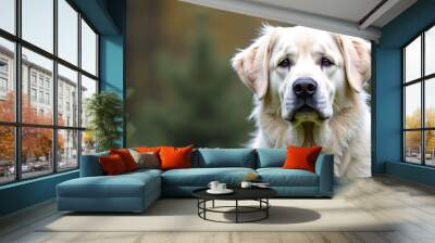 Golden Retriever with Gentle Expression Looking Attentively Against Blurred Nature Background Wall mural