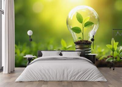 Green Seedling in Light Bulb Inspiring Eco-Friendly Innovation Against Blurred Nature Background Wall mural