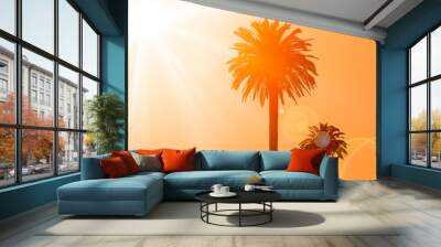 Silhouette of two palm trees with sun on the background Wall mural