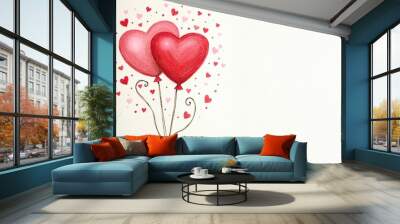 Heart-shaped balloons in romantic watercolor style representing love against white background with copy space Wall mural