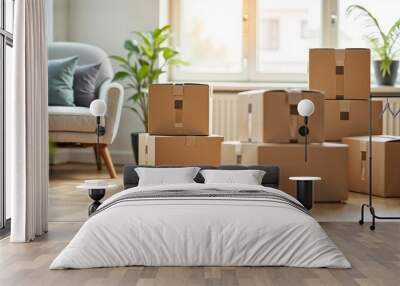 Moving Boxes Stacked in Bright Living Room with Armchair and Plants Wall mural