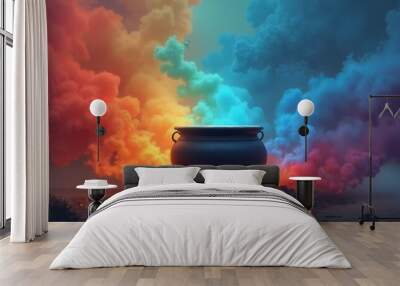 Mystical Cauldron with Colorful Smoke Representing Magic and Mystery against Surreal Sky Wall mural