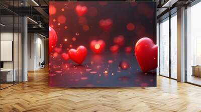 Red Hearts Floating Romantically Against Glowing Dark Background with Copy Space Wall mural