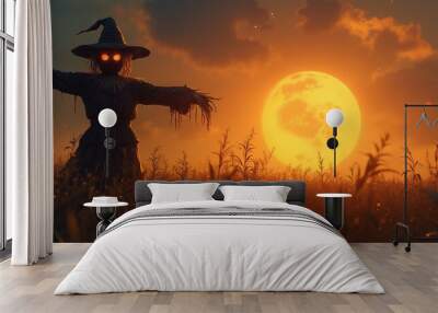 Spooky Scarecrow with Glowing Eyes Standing in Cornfield at Harvest Moon Wall mural