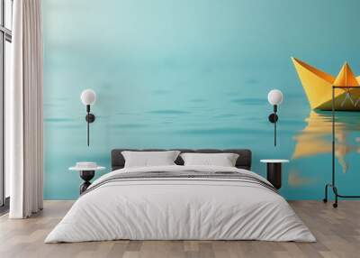 Yellow paper boats sailing serenely on calm blue water with copy space Wall mural