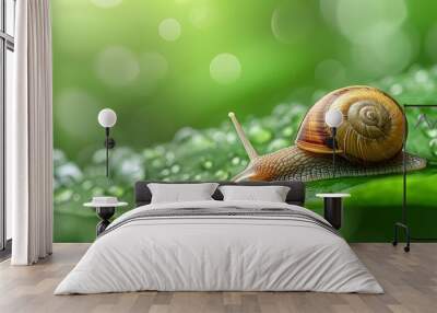 A snail crawls across a dew-covered leaf in a lush green environment, highlighting nature's beauty. Wall mural