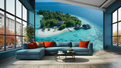 A stunning tropical island with clear blue waters, lush greenery, and luxurious beachside bungalows. Wall mural