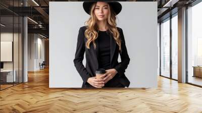 A stylish woman in black attire and a hat holds a coffee cup, exuding modern elegance. Wall mural