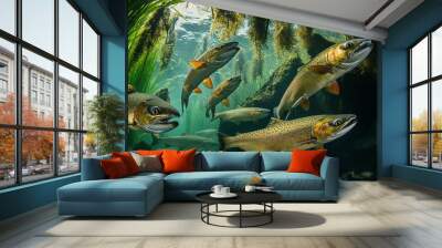 A vibrant underwater scene featuring a group of salmon swimming in a clear, greenish river, surrounded by aquatic plants. Wall mural