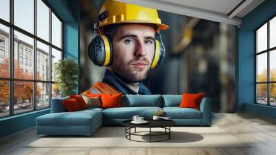 Industrial worker wearing a safety helmet and earmuffs at a construction site. Wall mural