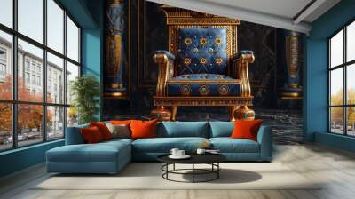 Opulent gold and blue throne with intricate details and gemstones, exuding royal elegance. Wall mural