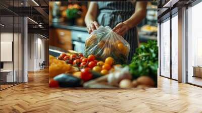 Person preparing fresh vegetables in the kitchen, packing them in plastic bag; colorful produce on the counter. Wall mural